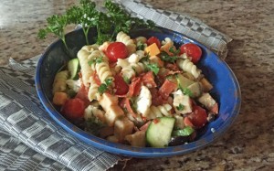 Italian Style Pasta Toss in blue bowl, italian recipe, pasta recipe