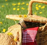 picnic basket, flowers in field, straw hat, online cookbook, digital cookbook