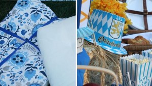 oktoberfest party, oktoberfest menu ideas, german recipes, blue and white tablecloth, dish dish online cookbook