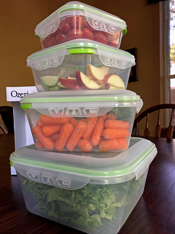 Ozeri food storage containrs filled with fresh food