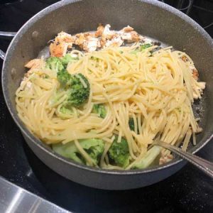 Chicken Alfredo Recipe - ingredients in skillet on stove